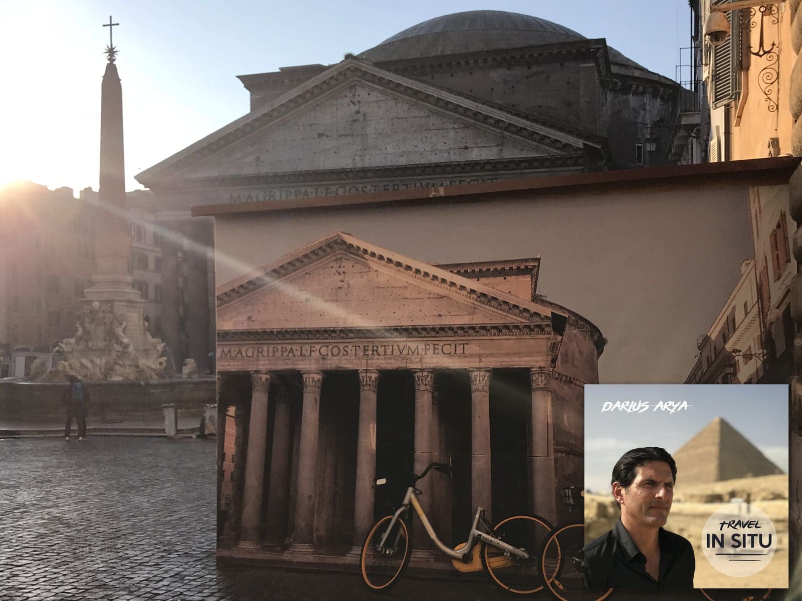 A bike is parked in front of a construction barrier printed with the Pantheon’s facade; a travel show poster is overlaid in the bottom right corner.