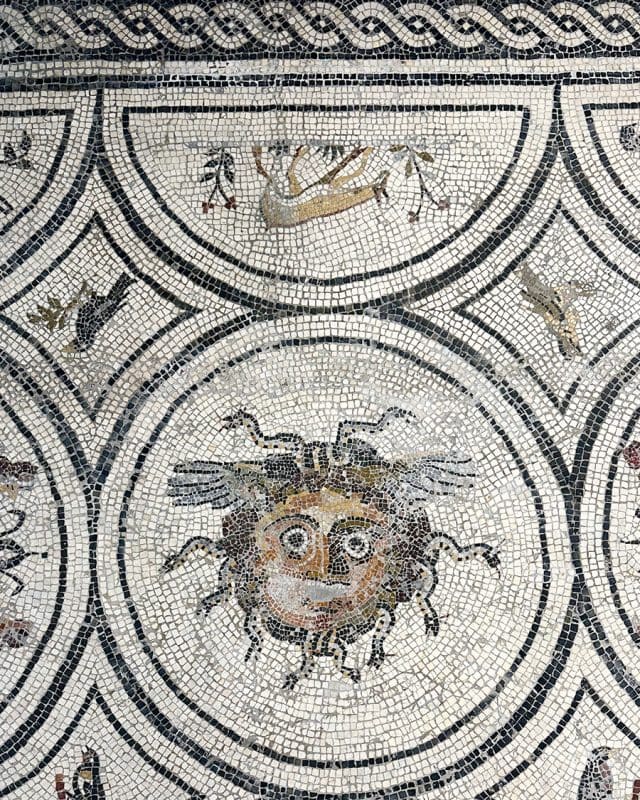 Ancient Roman mosaic floor featuring a central Gorgon head surrounded by geometric patterns and bird motifs.