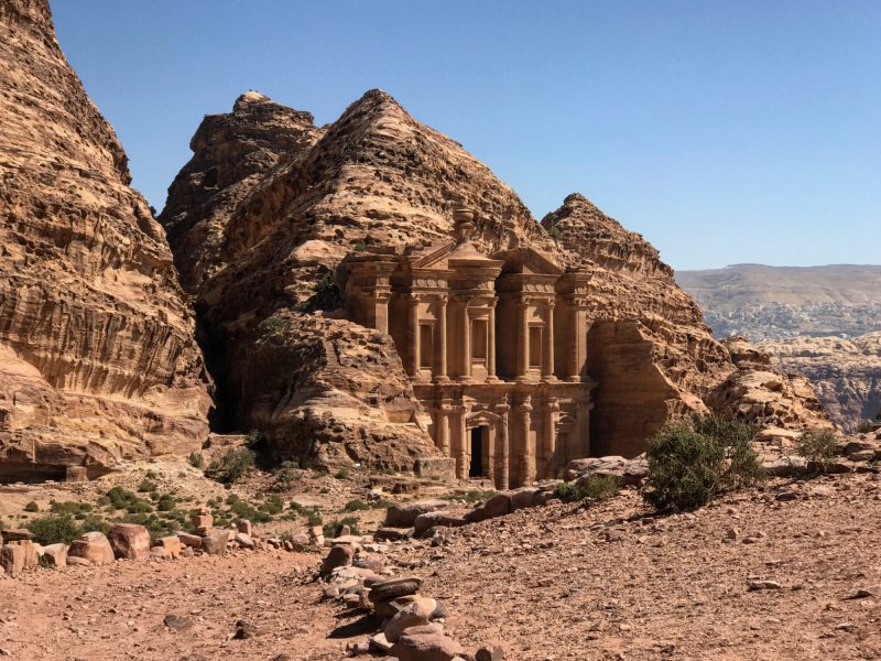 The Monastery, a large building carved into a sandstone mountain in Petra, Jordan.