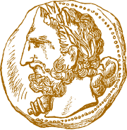 Line drawing of an ancient coin featuring a bearded man in profile facing left, with detailed hair and beard, encircled by a dotted border.
