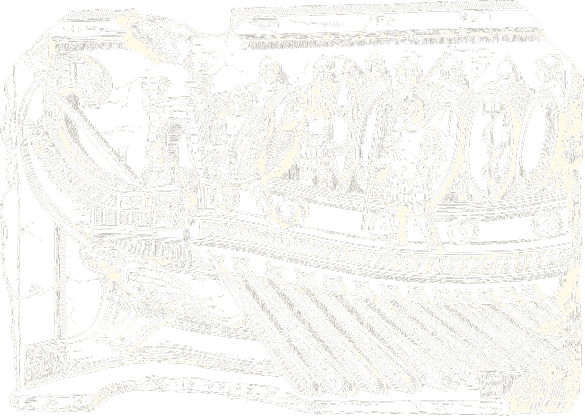 Illustration of a group of people standing on a boat, likely from an ancient or historical scene, with detailed decorative patterns.