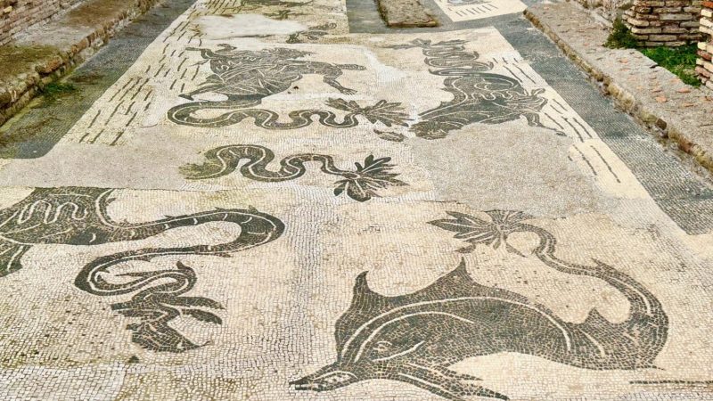 Ancient Roman floor mosaic featuring black-and-white depictions of sea creatures and dolphins.