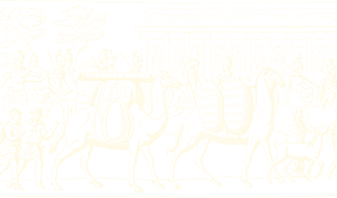 Line drawing of people walking alongside camels carrying goods, with trees and a building in the background.