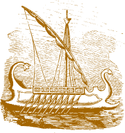 Line drawing of an ancient ship with oars, a single sail, and decorative curved ends, floating on water.