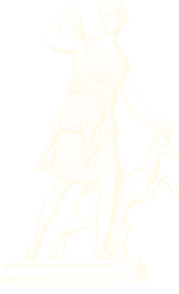 A faint, monochrome outline of a classical statue depicting a standing figure with one arm raised and a deer by their side on a pedestal.